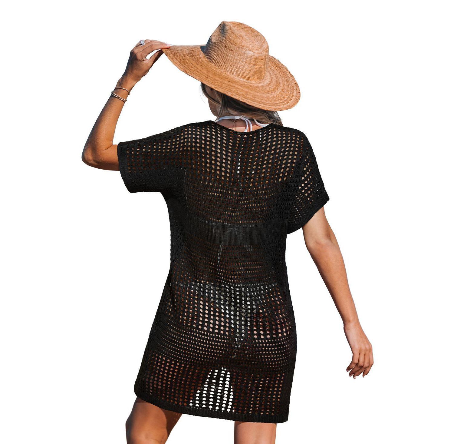 Women's Beige Crochet Short Sleeve Cover-Up Dress