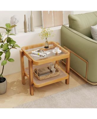 1 PCS End Table with Tempered Glass Top Acacia Wood Legs Rattan Storage Shelf