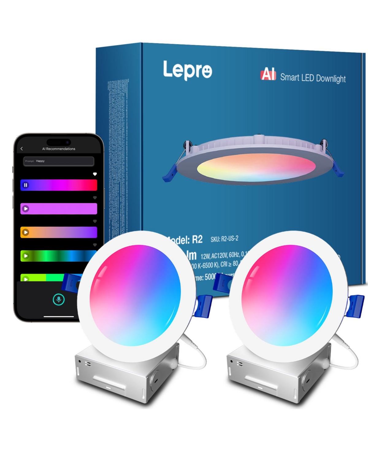 Lepro R2 Ai 6 inch Led Recessed Light Dimmable Wafer Lights Rgbcw, Smart Canless Downlights Work Alexa & Google Assistant, 12W 1050lm