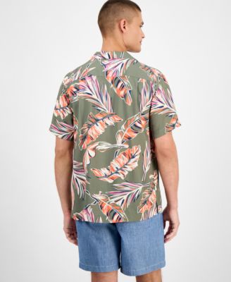 Men's Regular-Fit Leaf-Print Camp Shirt