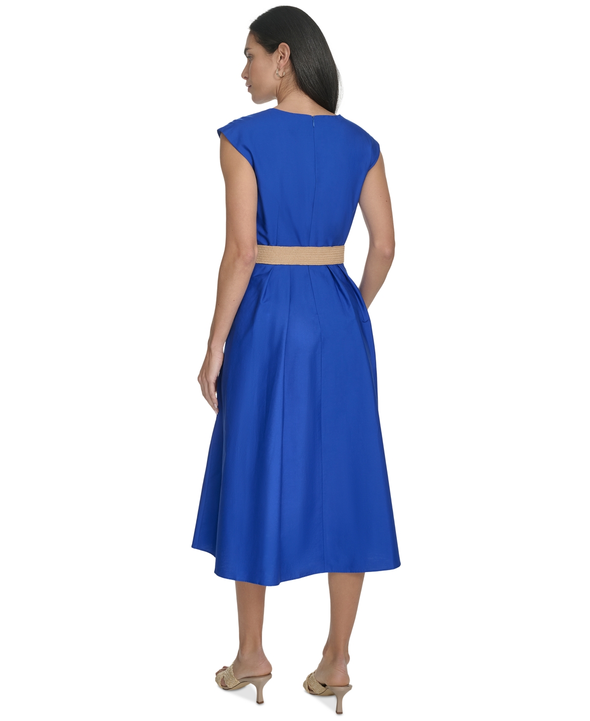 Jessica Howard Plus Size Belted Sleeveless V-neck Midi Dress In Blue