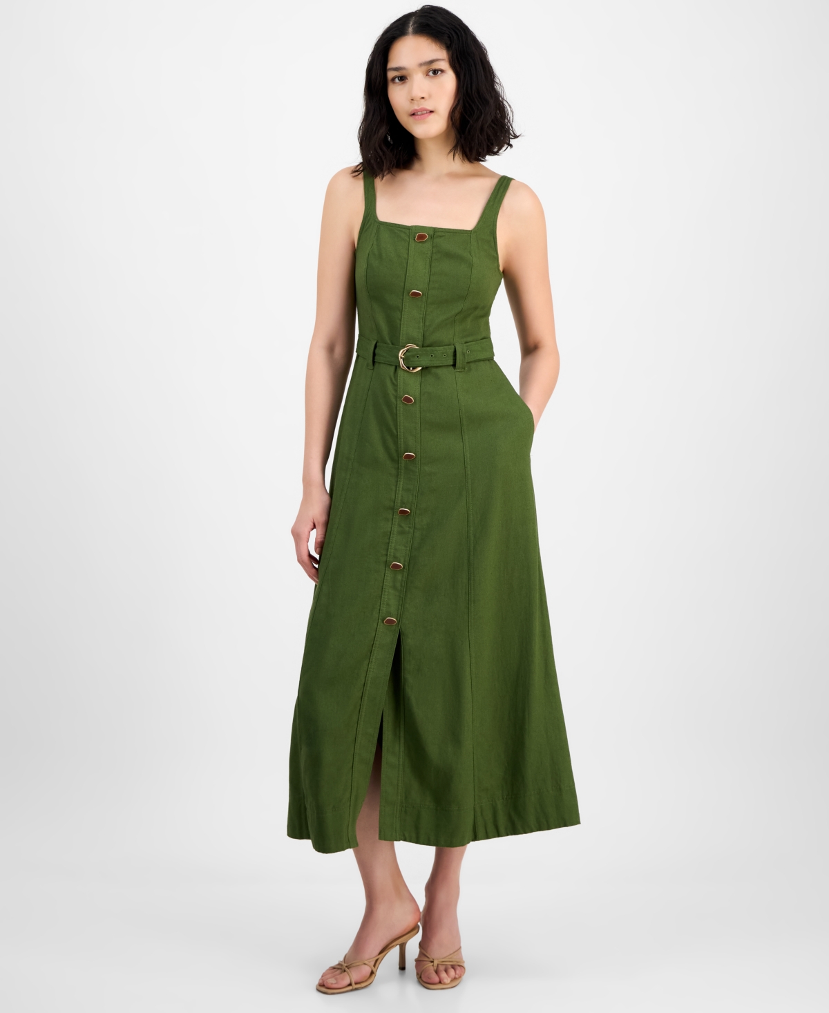 Taylor Petite Square-neck Belted Button-front Dress