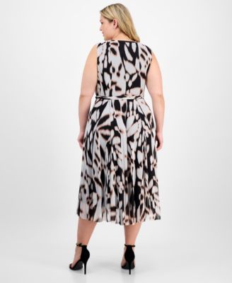 Plus Size Belted Printed Sleeveless Midi Dress