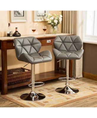 of 2 Adjustable Swivel Bar Stools with Diamond-Tufted Faux Leather Seats, Footrest, and Chrome Base for Kitchen or Home Bar