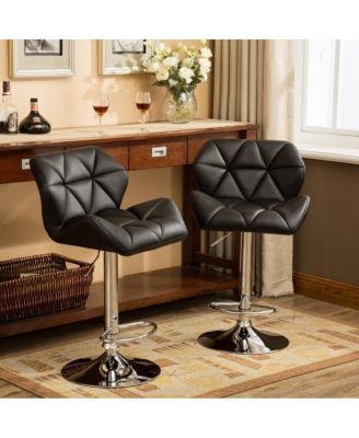 of 2 Adjustable Swivel Bar Stools with Diamond-Tufted Faux Leather Seats, Footrest, and Chrome Base for Kitchen or Home Bar
