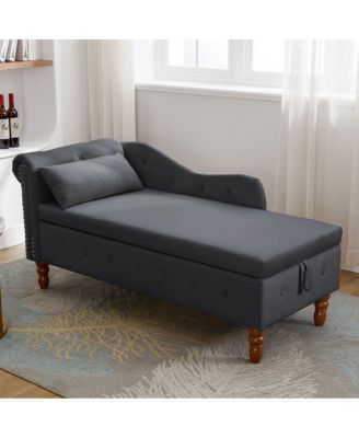 Velvet Upholstered Chaise Lounge with Storage and Pillow, Tufted Rolled Arm Chair with Nailhead Trim for Living Room or Bedroom