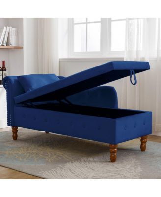 Velvet Upholstered Chaise Lounge with Storage and Pillow, Tufted Rolled Arm Chair with Nailhead Trim for Living Room or Bedroom