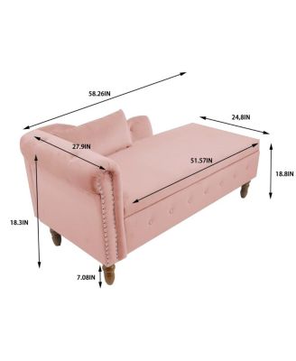 Velvet Upholstered Chaise Lounge with Storage and Pillow, Tufted Rolled Arm Chair with Nailhead Trim for Living Room or Bedroom