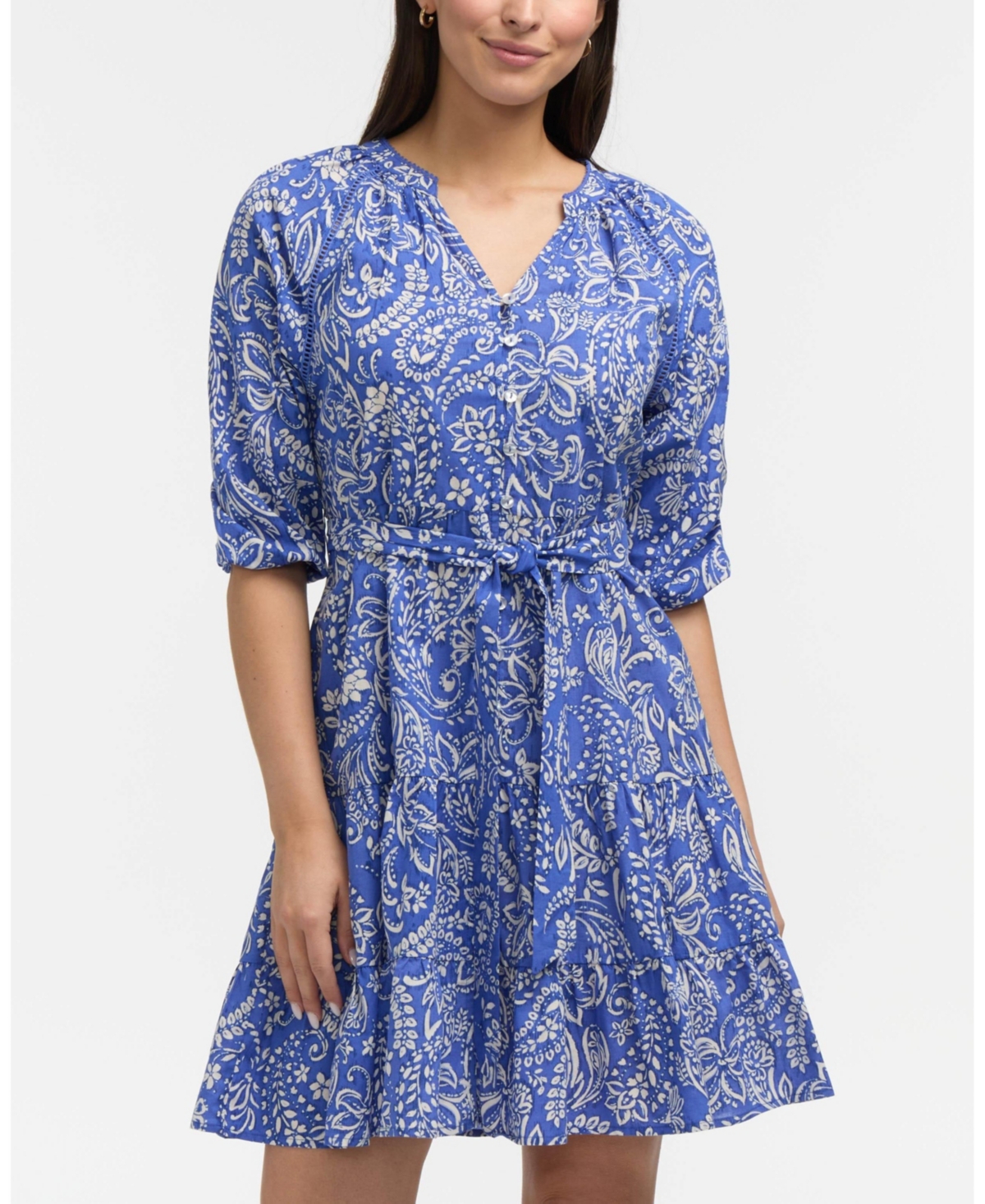 Women's Tiered Floral Belted Dress - Coral paisley swirl