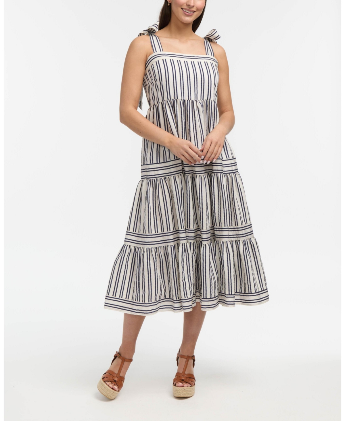 Women's Striped Tiered Midi Dress - Ecru navy stripe