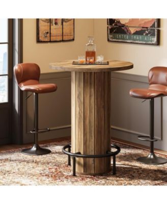 Round Bar Table, 39.4" H Wood Bistro Pub Table with Metal Ring Footrest for Dining Coffee Cocktail Living Room, Small Space(Only Table)