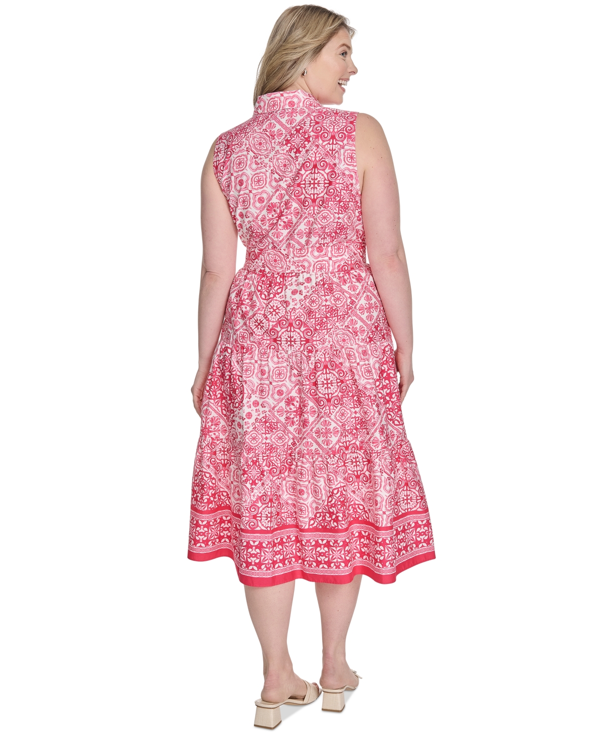 Jessica Howard Plus Size Printed Tie-waist Sleeveless Midi Dress In Pink