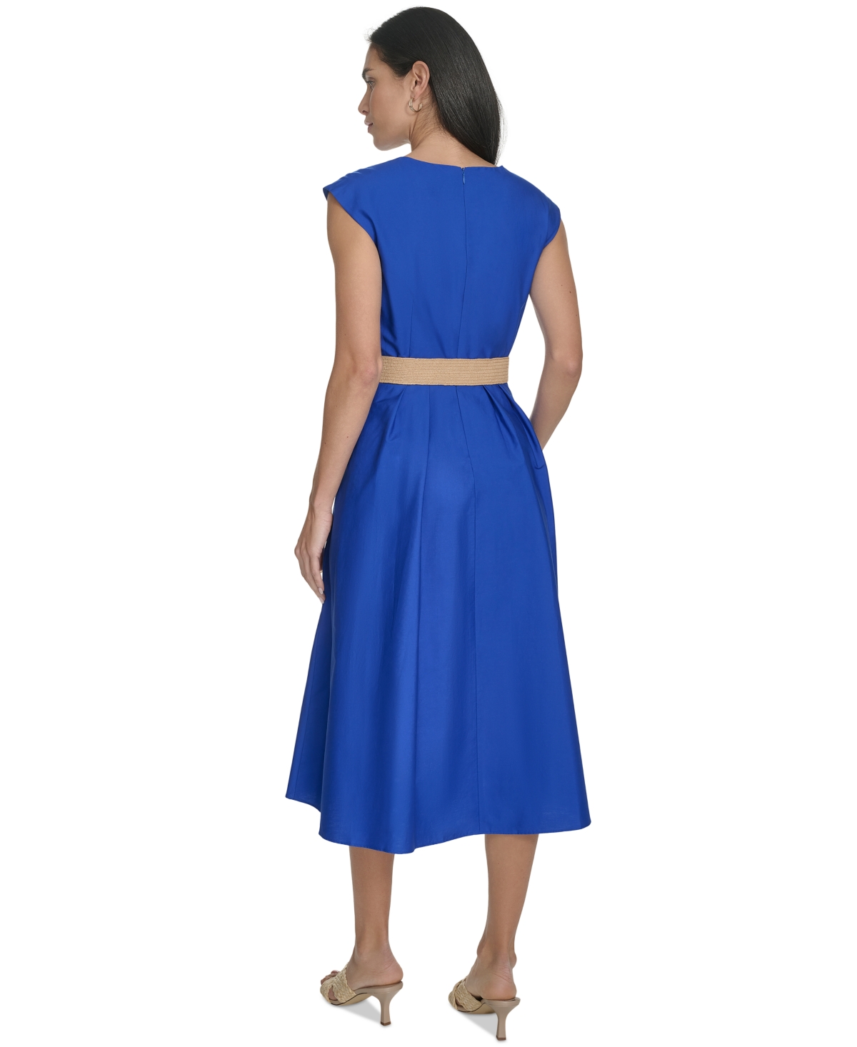 Jessica Howard Plus Size Belted Sleeveless V-neck Midi Dress In Blue