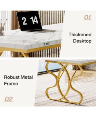 63-Inch Computer Desk, Modern Executive Desk with Gold Metal Legs, Large Sturdy Writing Table for Home Office, White and Gold