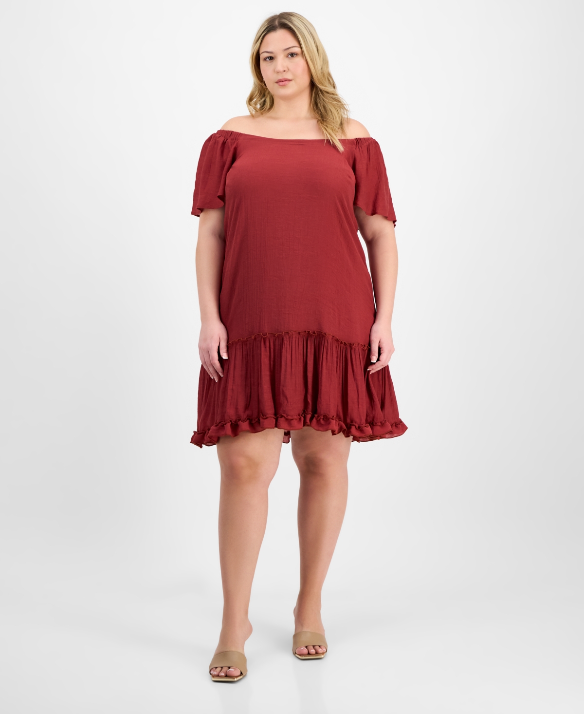 Plus Size Off-The-Shoulder Ruffled-Hem Dress - Terracotta