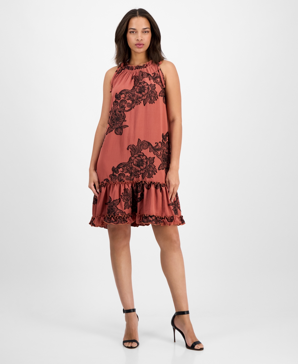 Petite Printed Ruffle-Neck Shift Dress - Rust Black