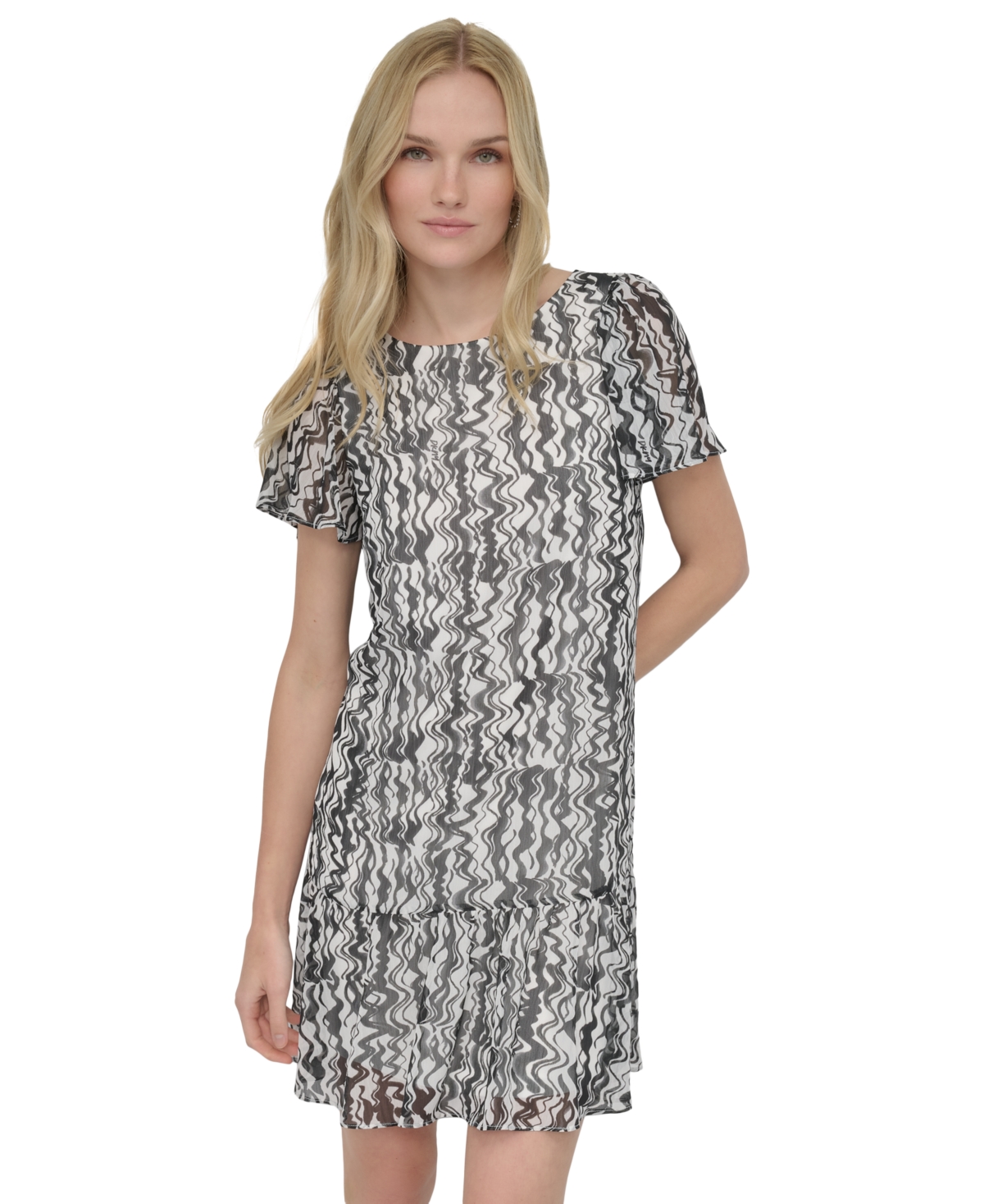 Dkny Women's Printed Flutter-sleeve Trapeze Dress