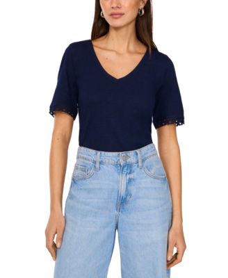 Vince Camuto - Women's Cotton V-Neck Crochet-Trim Top