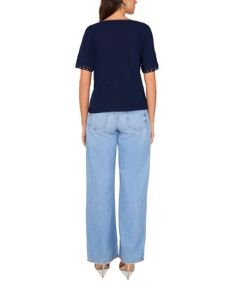 Women's Cotton V-Neck Crochet-Trim Top