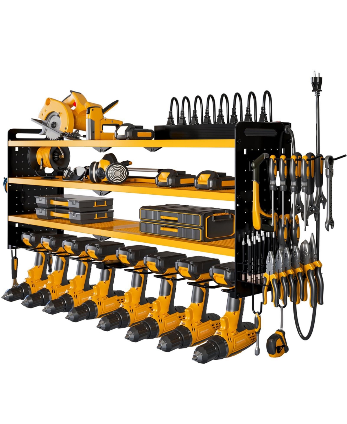 4-Tier Power Tool Organizer Wall Mount Tool Storage Workbench W/8 Drill Holder Utility Shelving,Yellow - Yellow