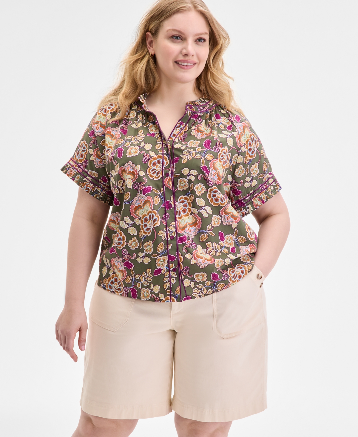 Trendy Plus Size Pleated Collar Piping-Trim Shirt - Pesto-purp