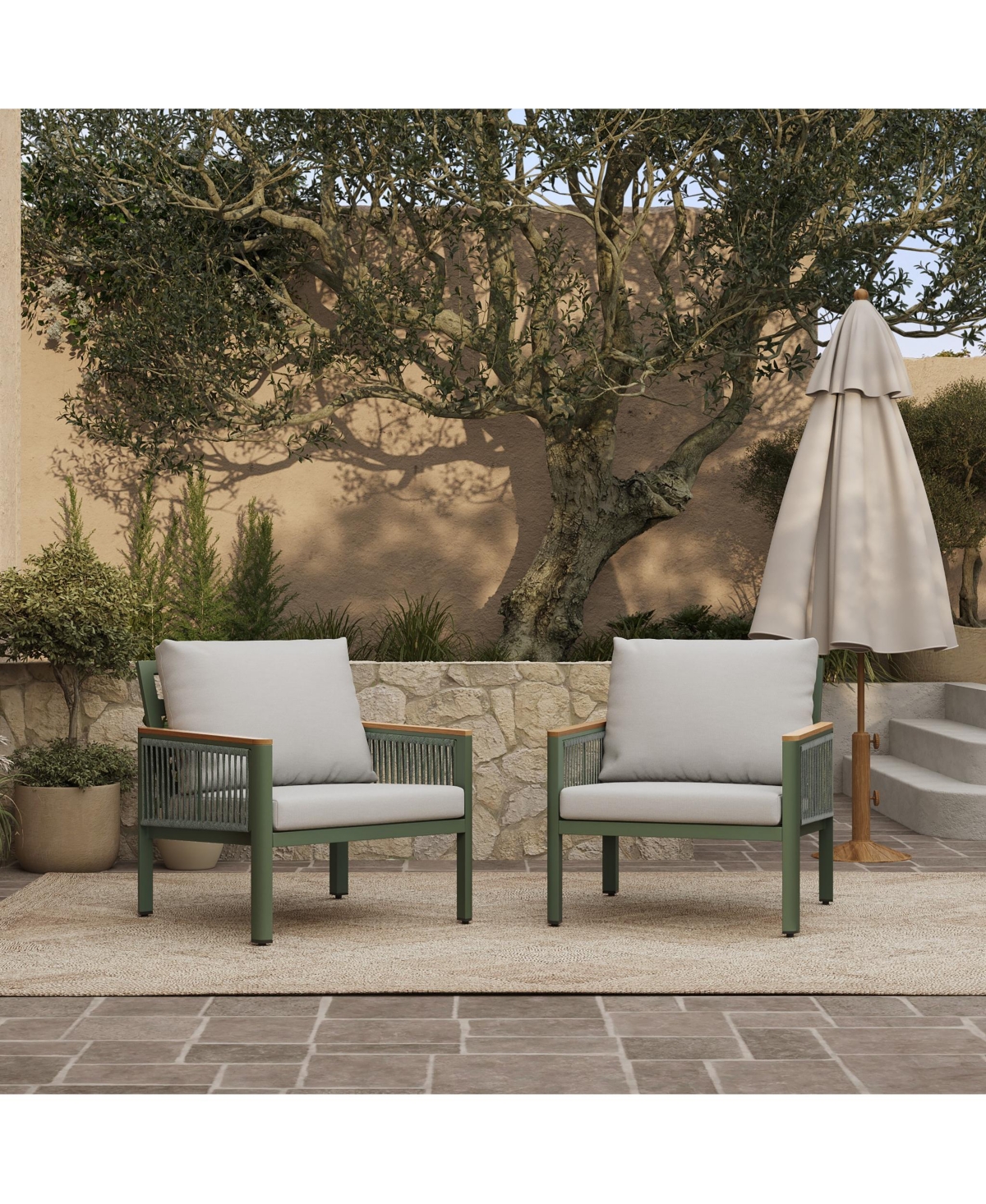 Luxenhome Outdoor Aluminum With Wood-style Plastic Armchairs With Cushions, Set Of 2