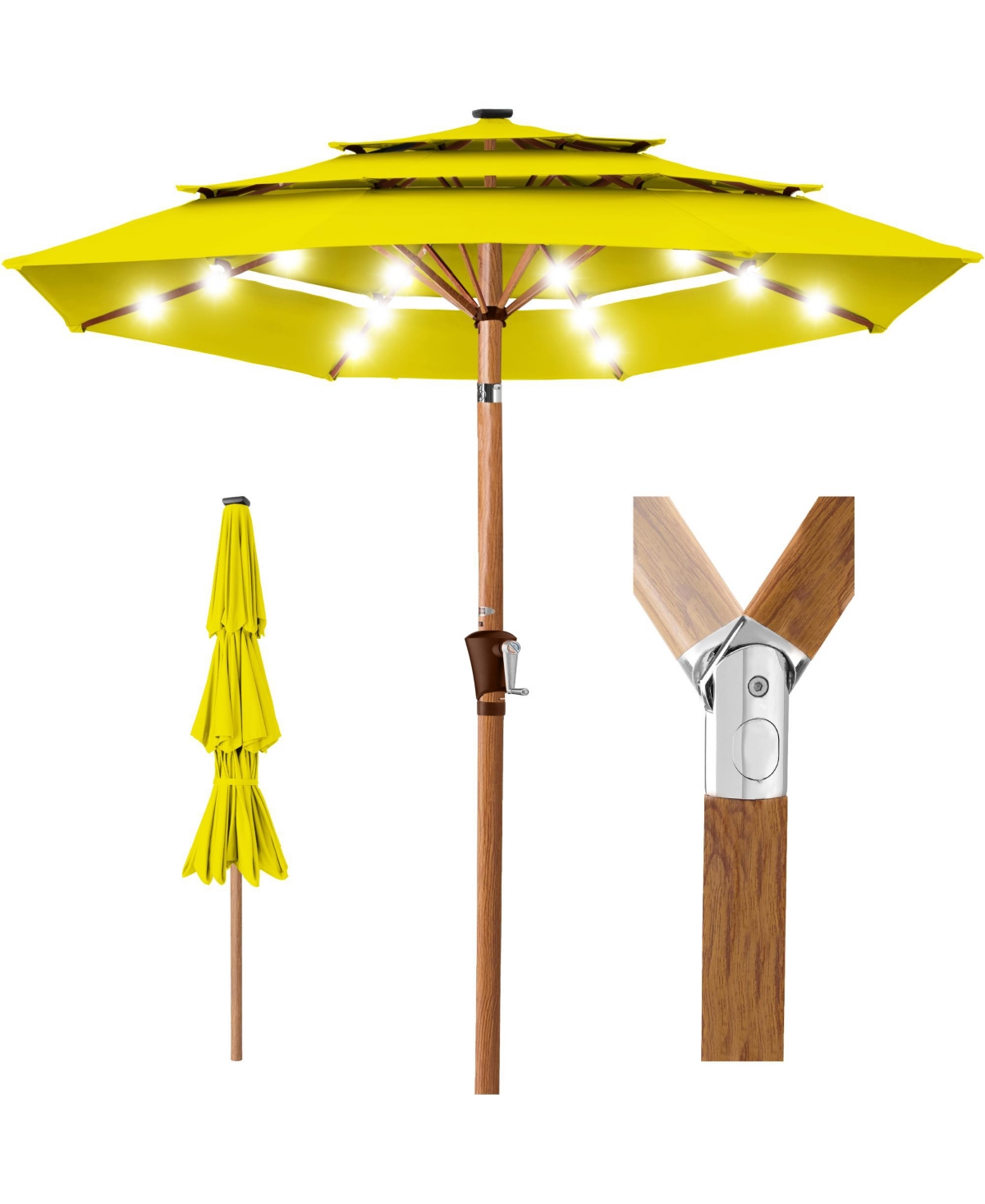 Woodgrain Pattern 10ft 3-Tier Solar Patio Umbrella w/ 24 Led Lights, Tilt - Yellow