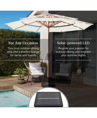 Woodgrain Pattern 10ft 3-Tier Solar Patio Umbrella w/ 24 LED Lights, Tilt