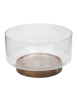 Wildgreens Large Glass Salad Bowl Set with Acacia Wood Base and Acacia Serving Utensils