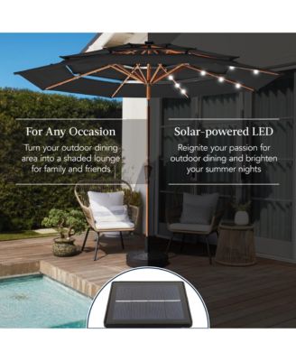 Woodgrain Pattern 10ft 3-Tier Solar Patio Umbrella w/ 24 LED Lights, Tilt