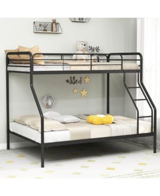 Twin over Full Metal Bunk Bed with Inclined Ladder Safety Guardrail, Slat Support