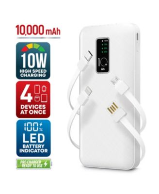 10,000mAh Rapid Charging Power Bank with LCD Battery Display, 4 Built-In Cables, and Phone Stand