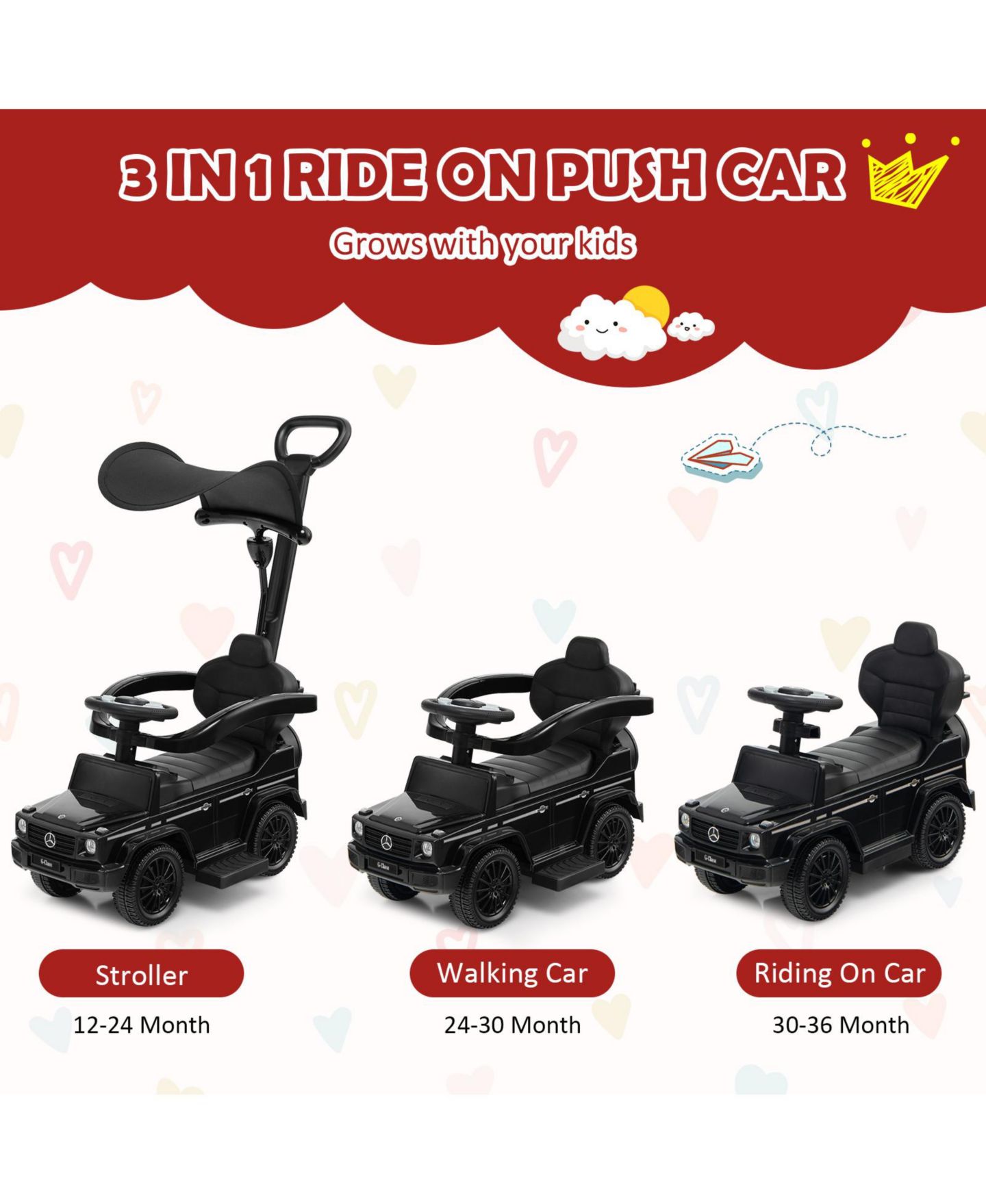 Детская игрушка Mecale Mercedes Benz G350 3-in-1 Canopy Push Car, Ages 1-4, цвет: Чёрный — фото 9