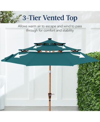 Woodgrain Pattern 10ft 3-Tier Solar Patio Umbrella w/ 24 LED Lights, Tilt