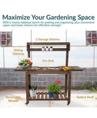Wooden Wheeled Garden Potting Bench with Dry Sink, Storage Shelves, and Tool Hooks - Brown