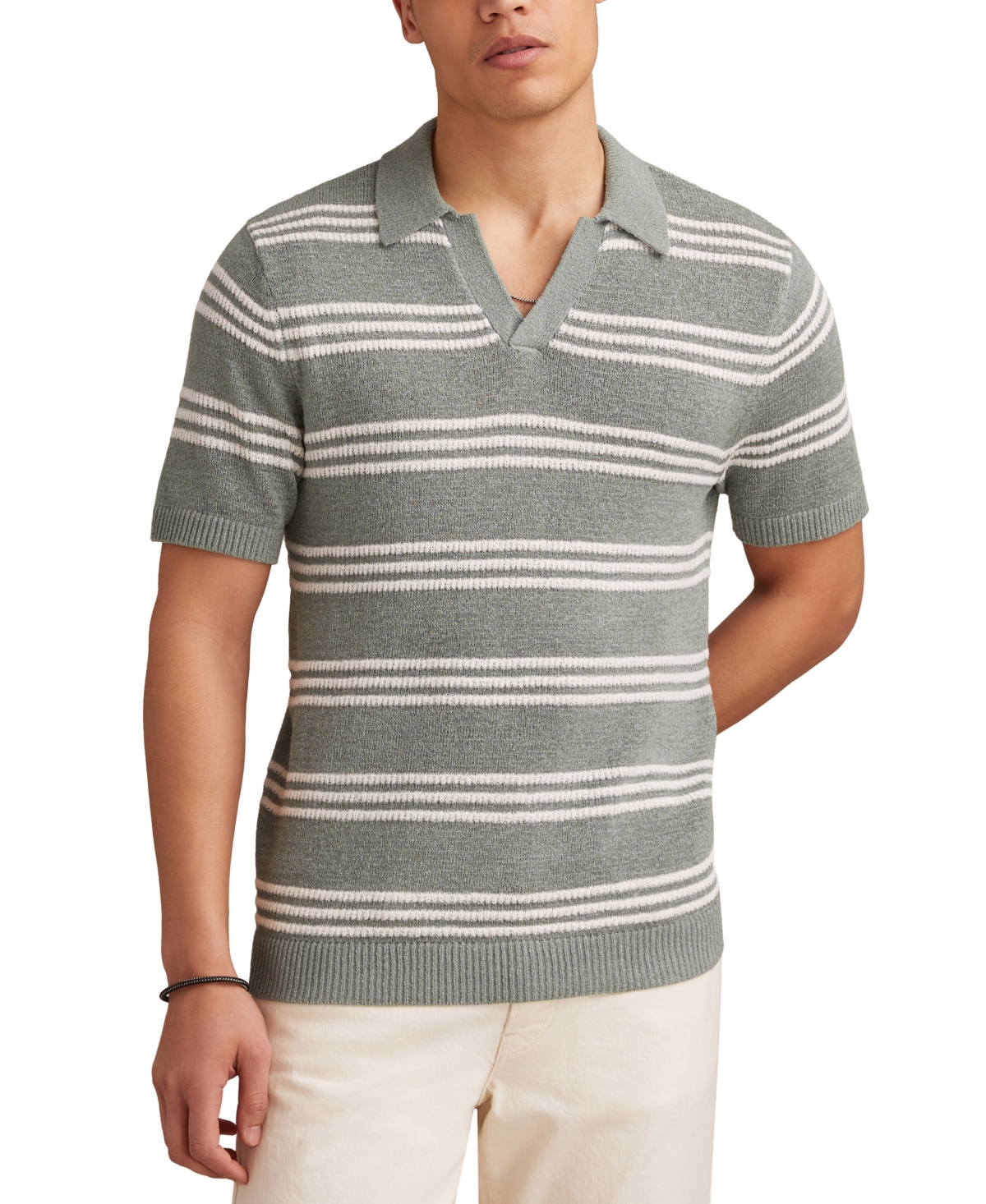 Men's Short Sleeve Knit Striped Open Collar Polo Shirt - Chinois Green