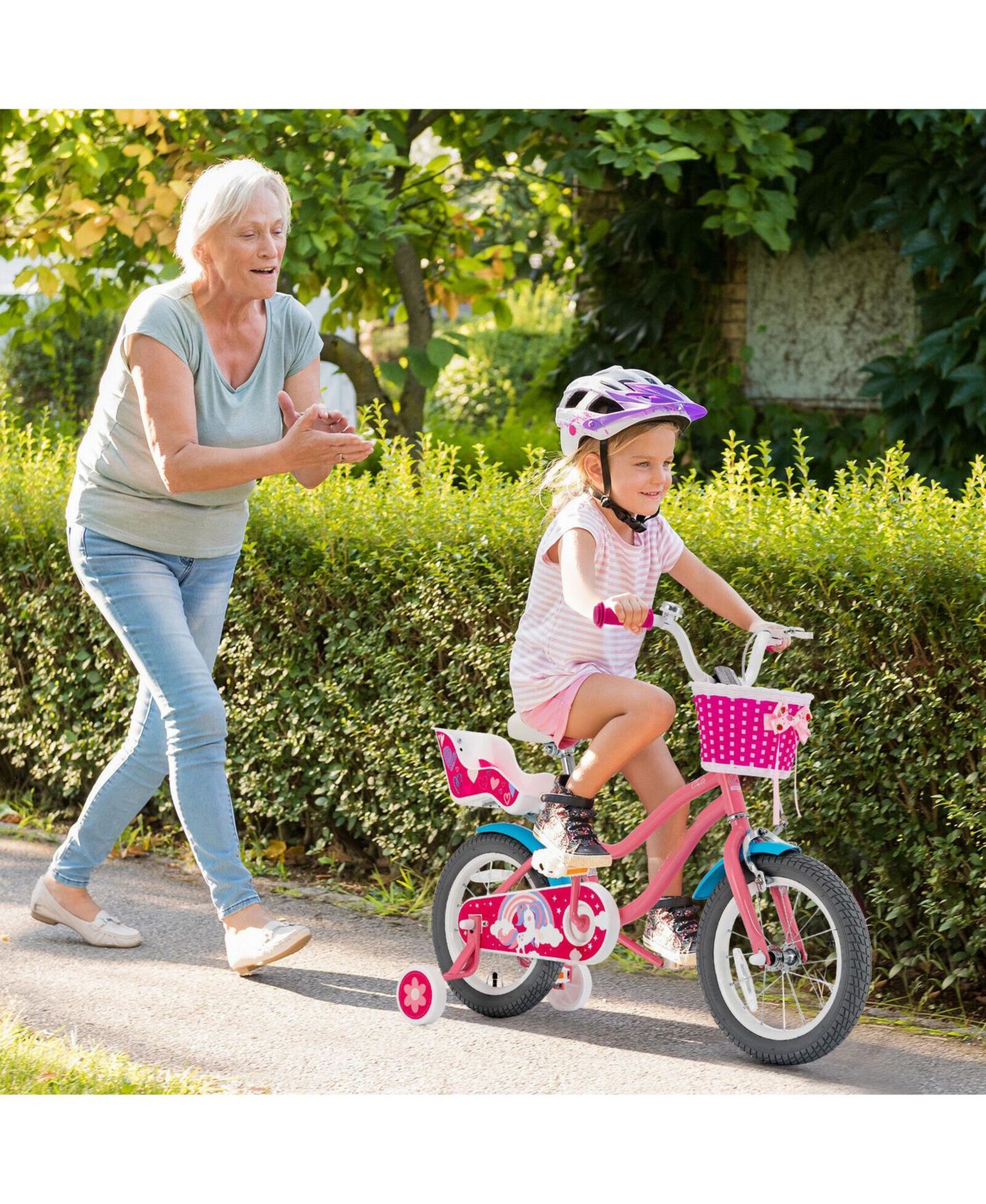 Детская игрушка Mecale Adjustable Kids' Bicycle with Training Wheels and Basket, Ages 3-9, цвет: Розовый — фото 4