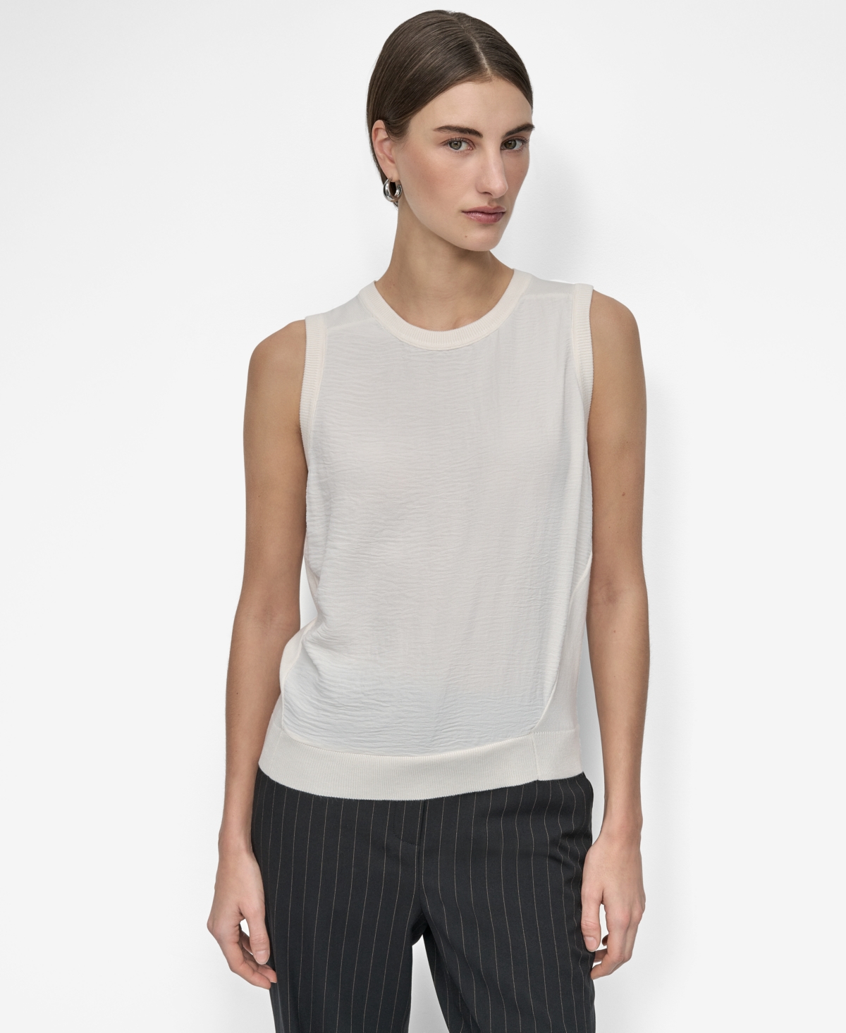 Women's Mixed-Media Crewneck Sleeveless Sweater - Coconut