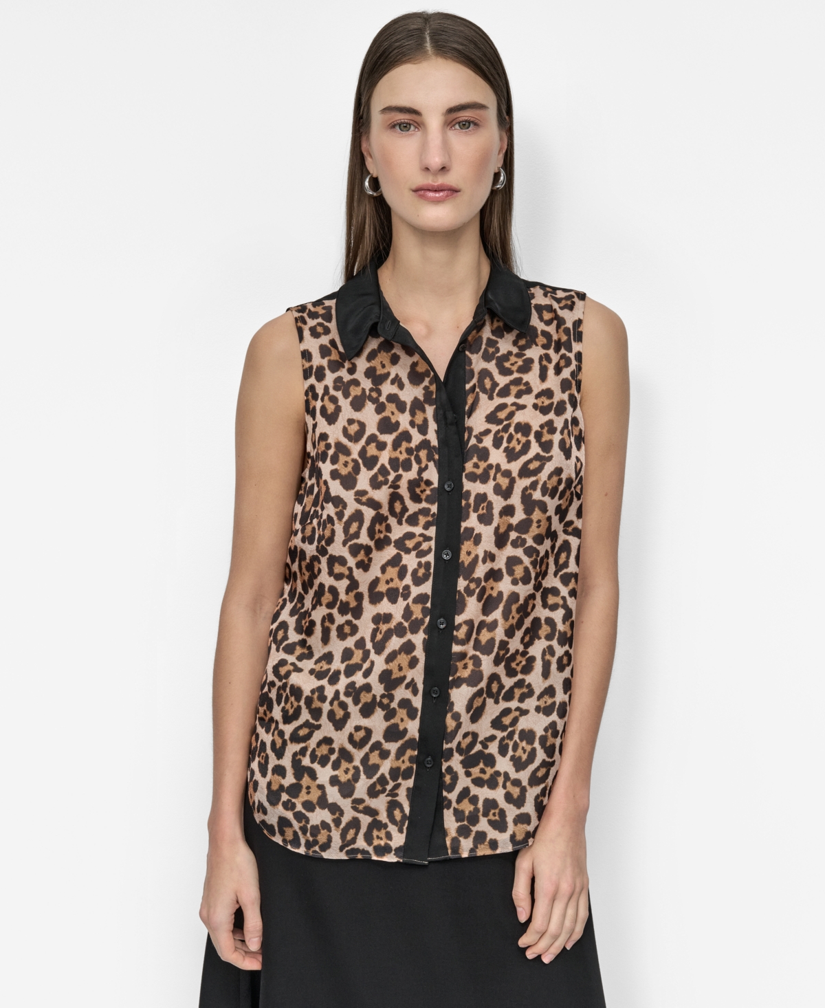 Women's Sleeveless Leopard-Print Blouse - Whiskey/ Black
