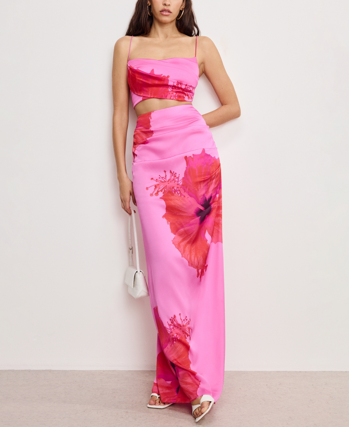 Women's Satin Placed-Floral Maxi Skirt - Pink Hibiscus