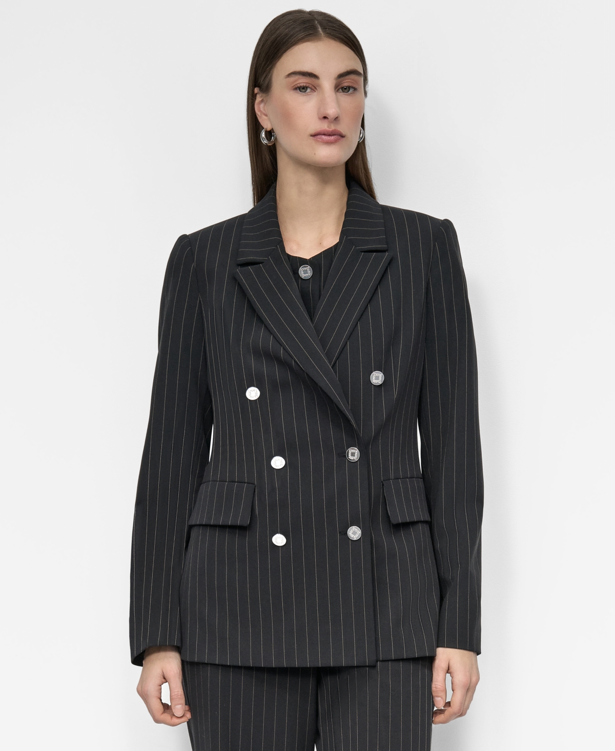 Women's Pinstripe Double Breasted Blazer - Black/ Whiskey Pinstripe