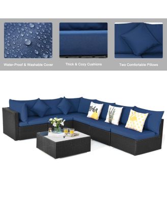 7PCS Rattan Patio Conversation Set Sectional Furniture Set w/ Navy Cushion