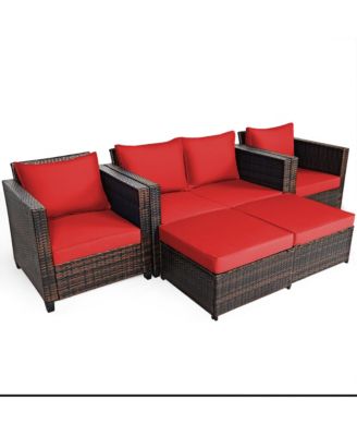 5PCS Outdoor Patio Rattan Conversation Sofa Furniture Set w/ Red Cushions