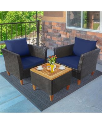 3PCS Patio Furniture Set Conversation Bistro Set w/ Acacia Wood & Cushions Navy