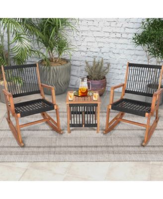 3pcs Patio Acacia Wood Bistro Table Rocking Chair Set All-Weather Rope Outdoor