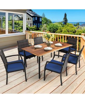 7PCS Patio Dining Furniture Set Yard w/ Wooden Tabletop Navy Cushions