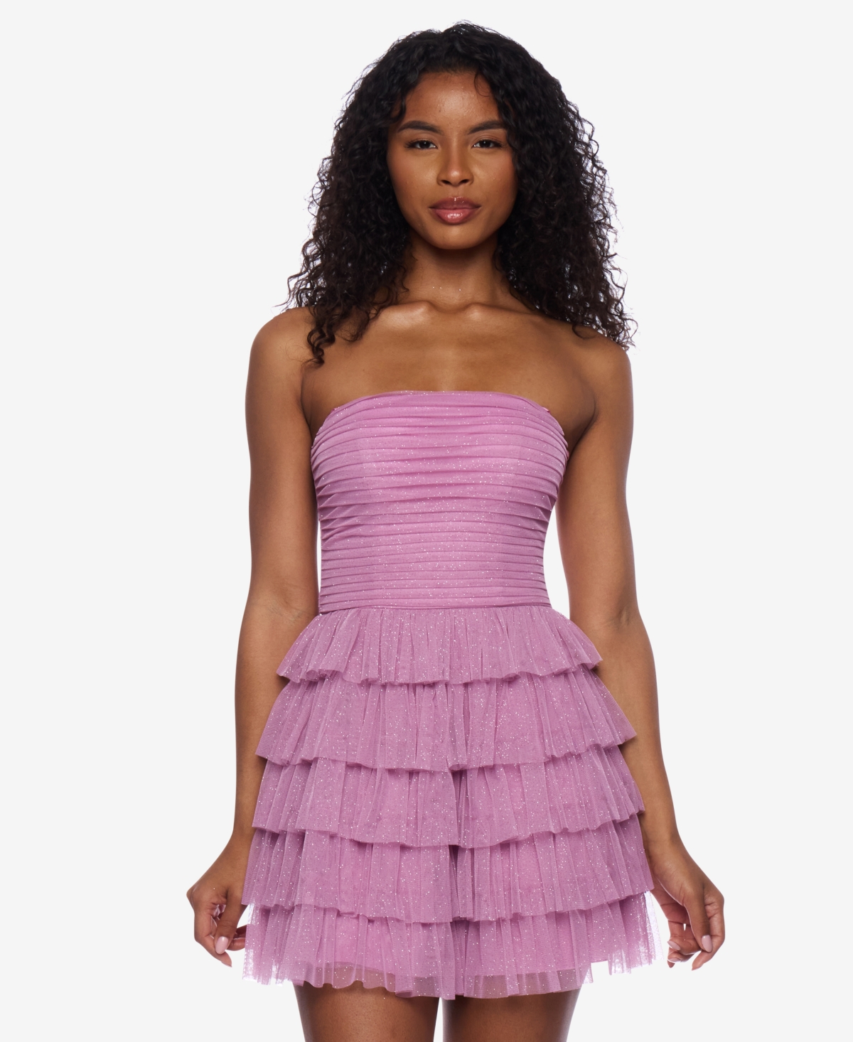 B Darlin Juniors' Strapless Side-shirred Tiered Glitter Mini Dress