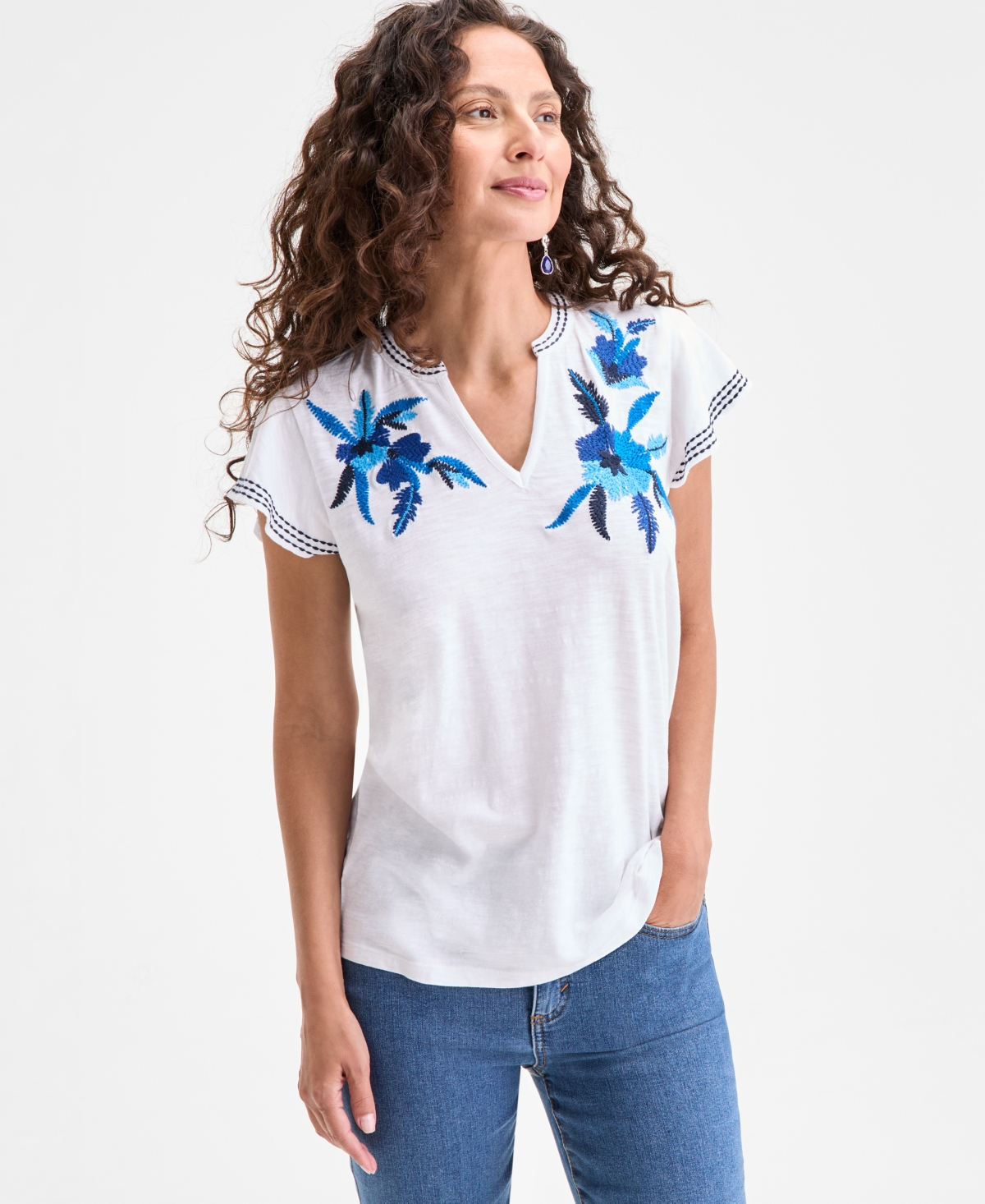 Women's Cotton Embroidered Flutter-Sleeve Top, Exclusively at Macy's - Bright White