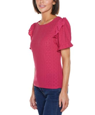 Women's Knit Eyelet Ruffle Sleeve Top