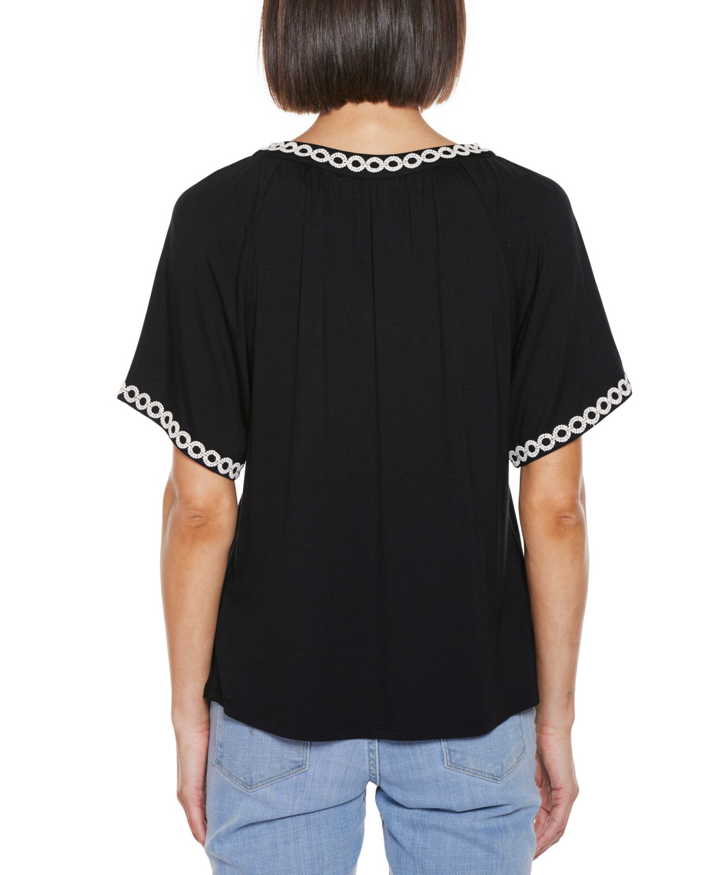 Женский топ Belldini Crochet Trim Short Sleeve Knit, цвет: Чёрный — фото 2